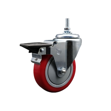 Service Caster 4 Inch Red Polyurethane 38 Inch Threaded Stem Caster with Brake SCC-TS20S414-PPUB-RED-PLB-381615